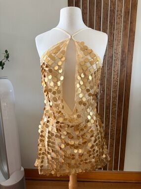Peppermayo Gold Disc Halter Mini Dress